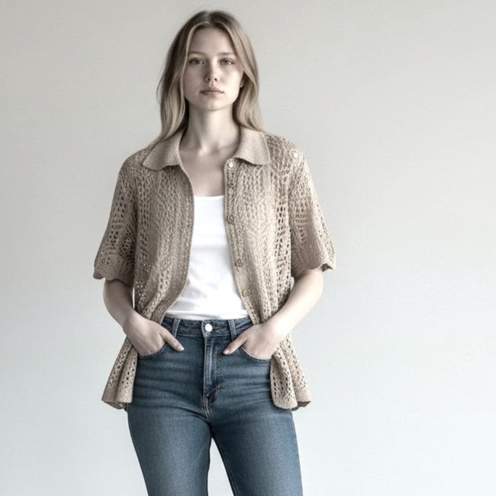 Vintage Pointelle Knit Short Sleeve Cardigan Taupe Chevron Button Up Polo Collar